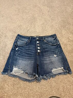Risen High-Rise Distressed Denim Shorts - Dark Blue